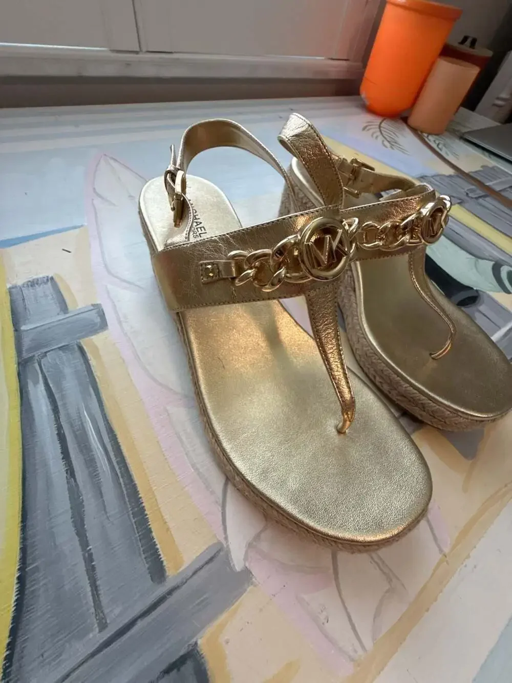 Michael Kors Roxane Metallic Gold T-Strap Espadrille Wedge Sandals